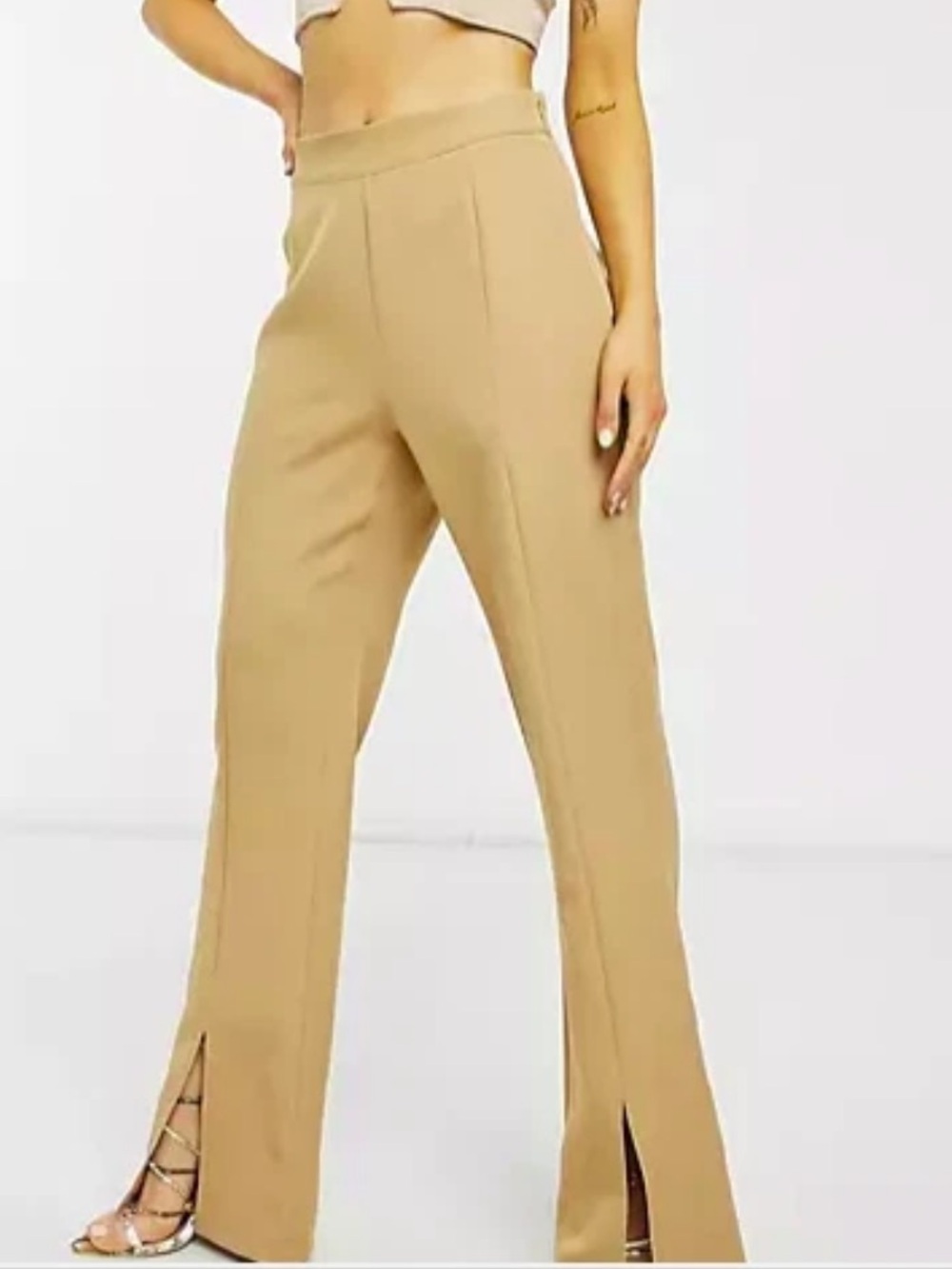 High-Waist Split-Hem Wide-Leg Pants in Tan